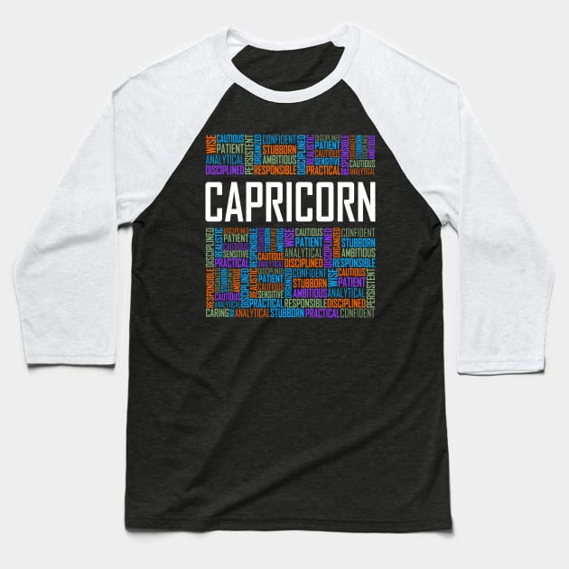 Capricorn Zodiac Words Baseball T-Shirt by LetsBeginDesigns